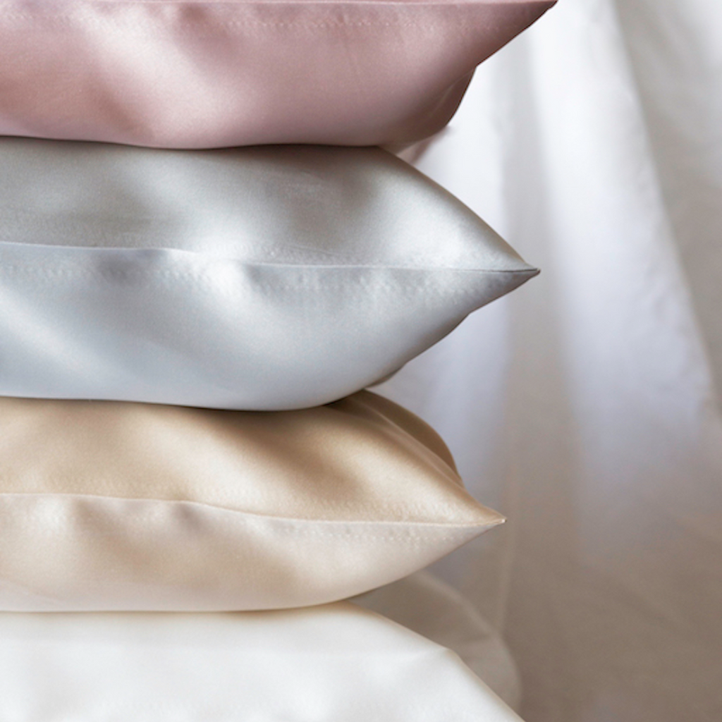 Mulberry silk pillowcases in blush pink, silver grey, champagne and pearl white